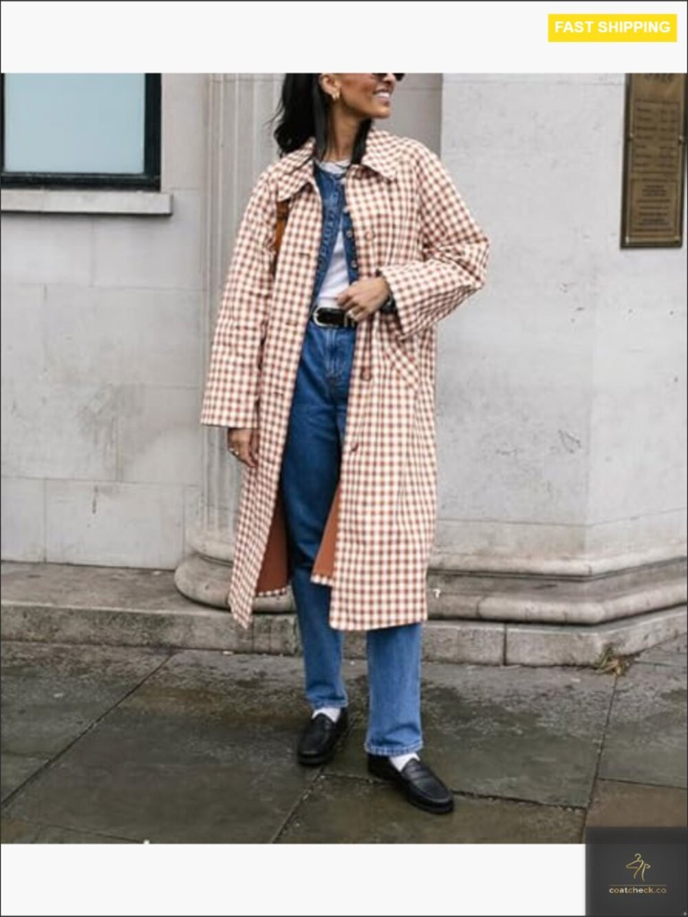 Classic Plaid Trench Coat Long Jacket Single Breasted Barn Style Outerwear - Picture 5 of 7